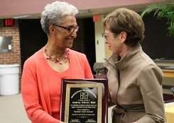 VUMC Executive Chief Nursing Officer Marilyn A. Dubree, MSN, RN, NE-BC (right) presents Audrey Hall, BSN (left) with the VUMC Hidden Figures award.